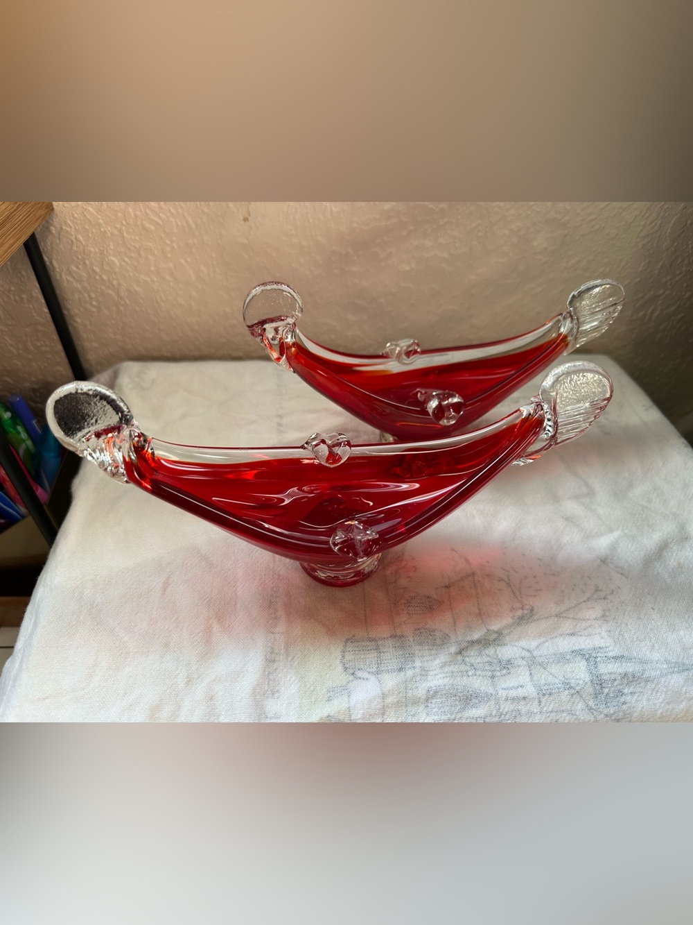 Vintage Murano Glass Red Clear Gondola Ashtray Dish MCM 7.25” Long. Set Of Two.